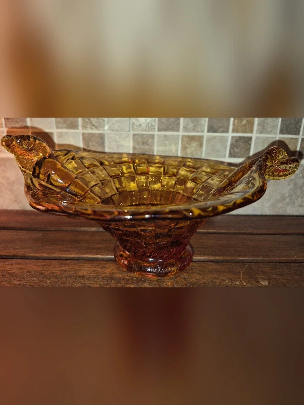 Vintage Fenton Amber pressed glass basketweave bowl w/ twisted split-handles